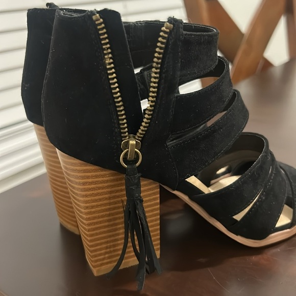 Just Fab Microfibre Strappy Open Toe Chunky Wooden Heels Sandals Black Size 8 - Picture 4 of 14